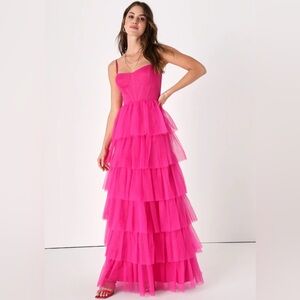Hot Pink Tulle Tiered Maxi Dress